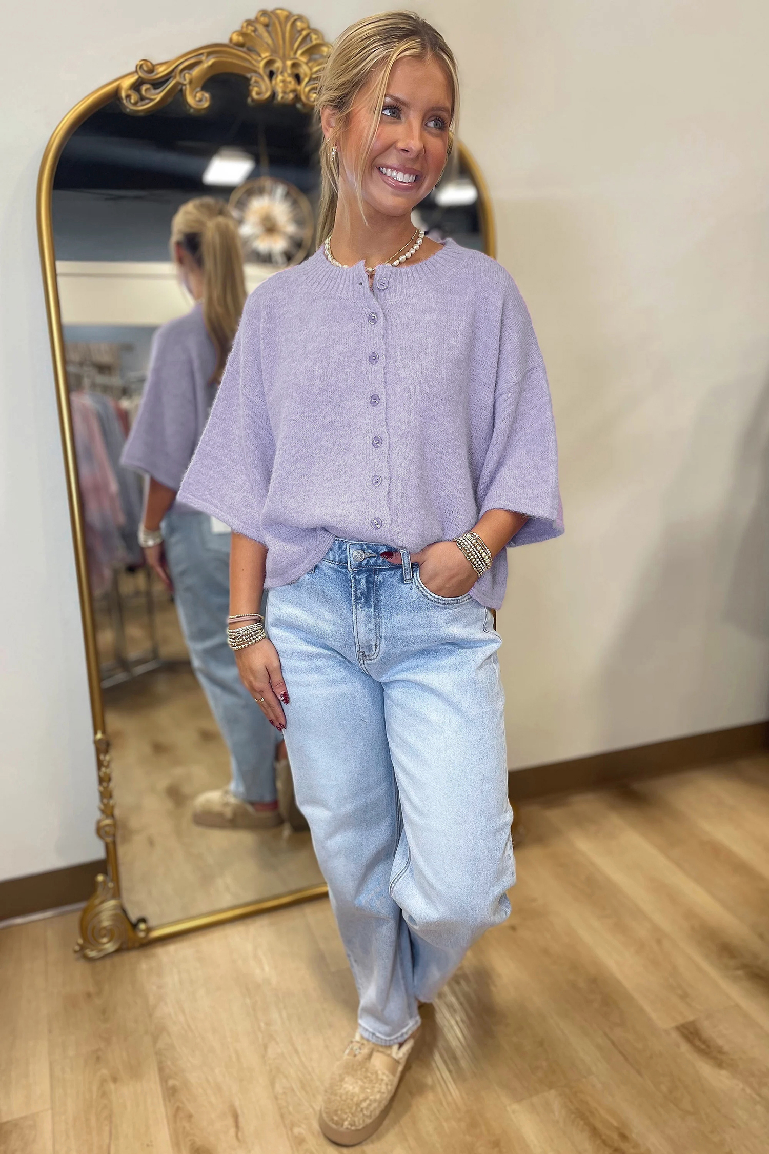 Lavendula 3/4 Sleeve Boxy Knit Button Down Sweater Cardigan - loveforevers