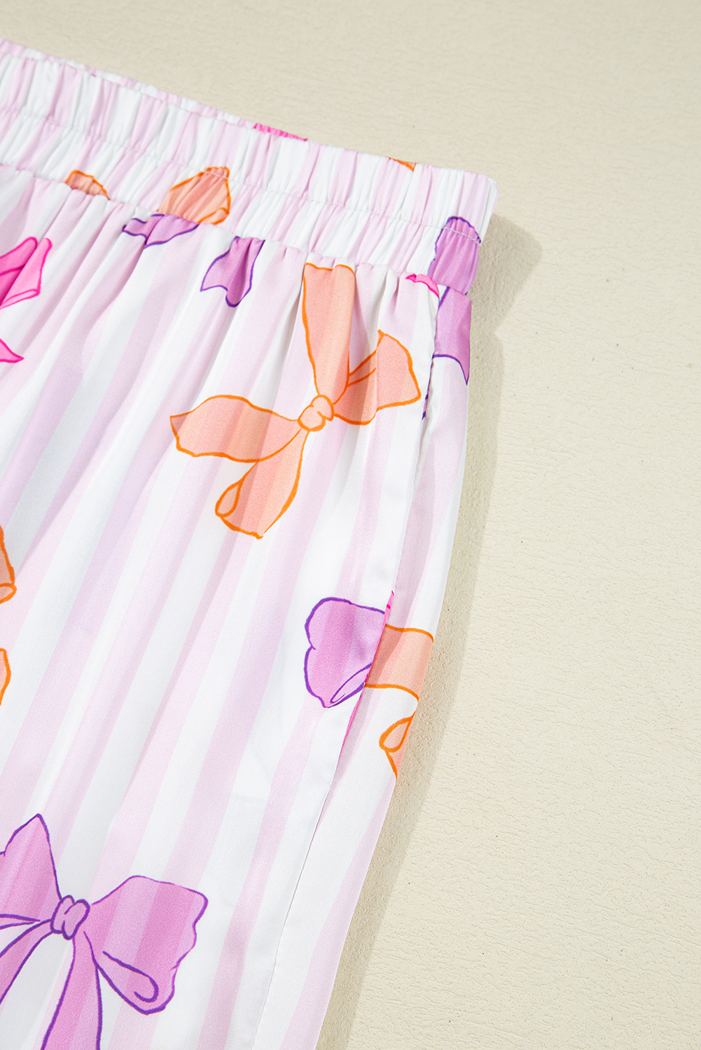 Pink Striped Bow Print Contrast Piping Trim Shirt and Pants 2pcs Pajama Set - loveforevers
