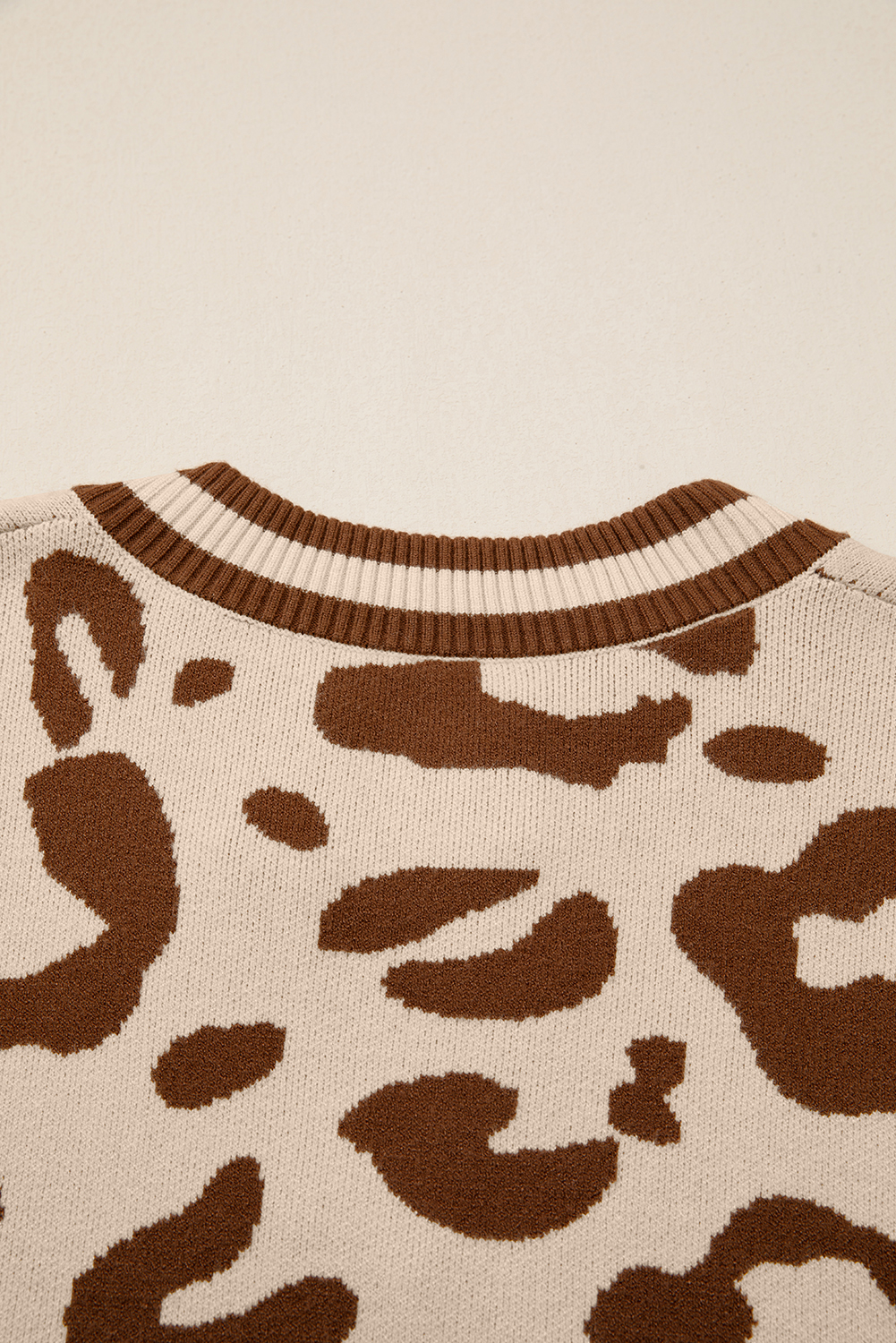 Light French Beige Leopard Printed Knit V Neck Casual Sweater - loveforevers