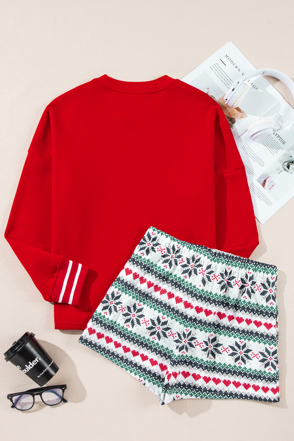 Fiery Red SLEIGH Snowflake Print Long Sleeve Wide Leg Lounge Set - loveforevers