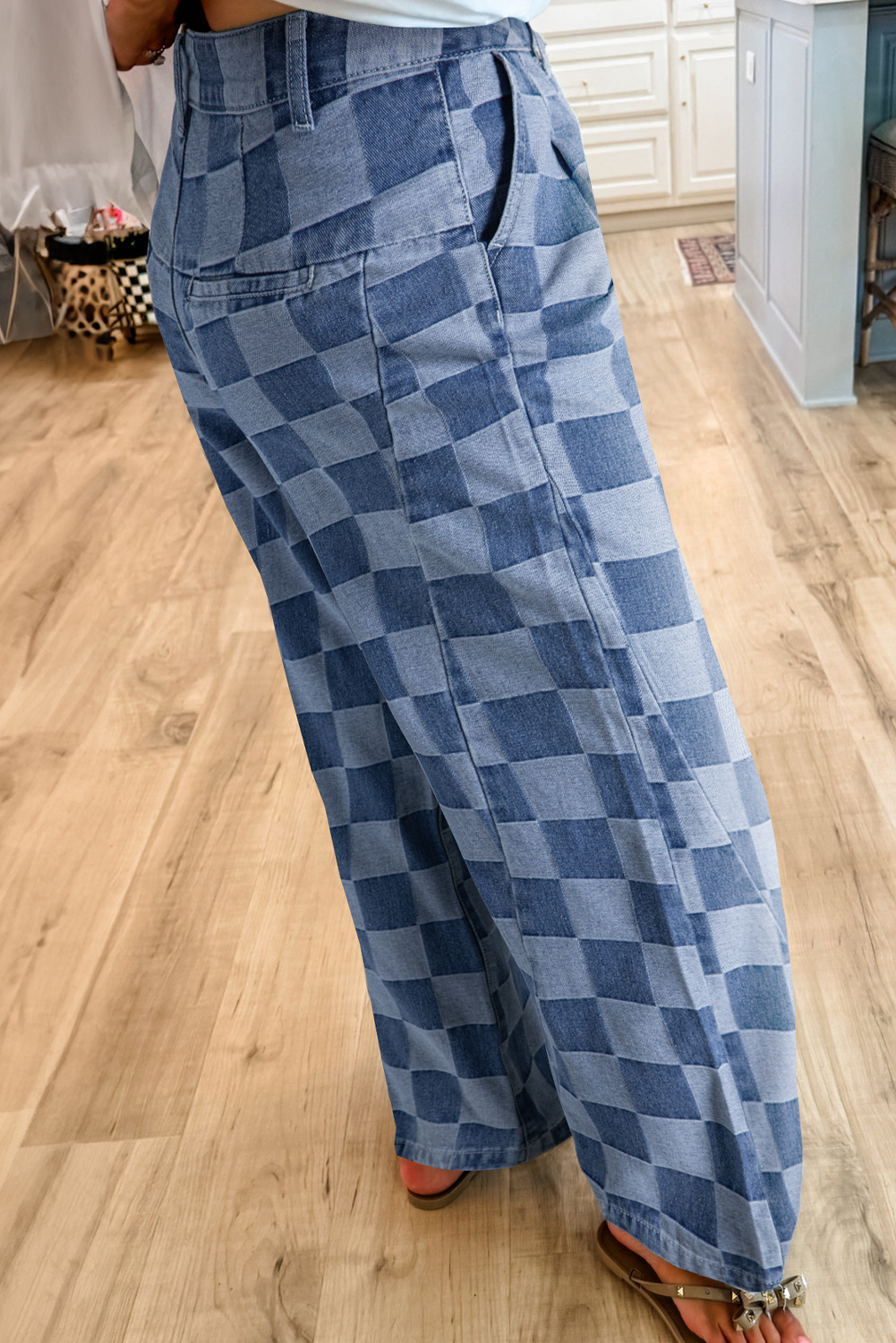Dark Grey Checkered Denim Wide Leg Jeans - loveforevers