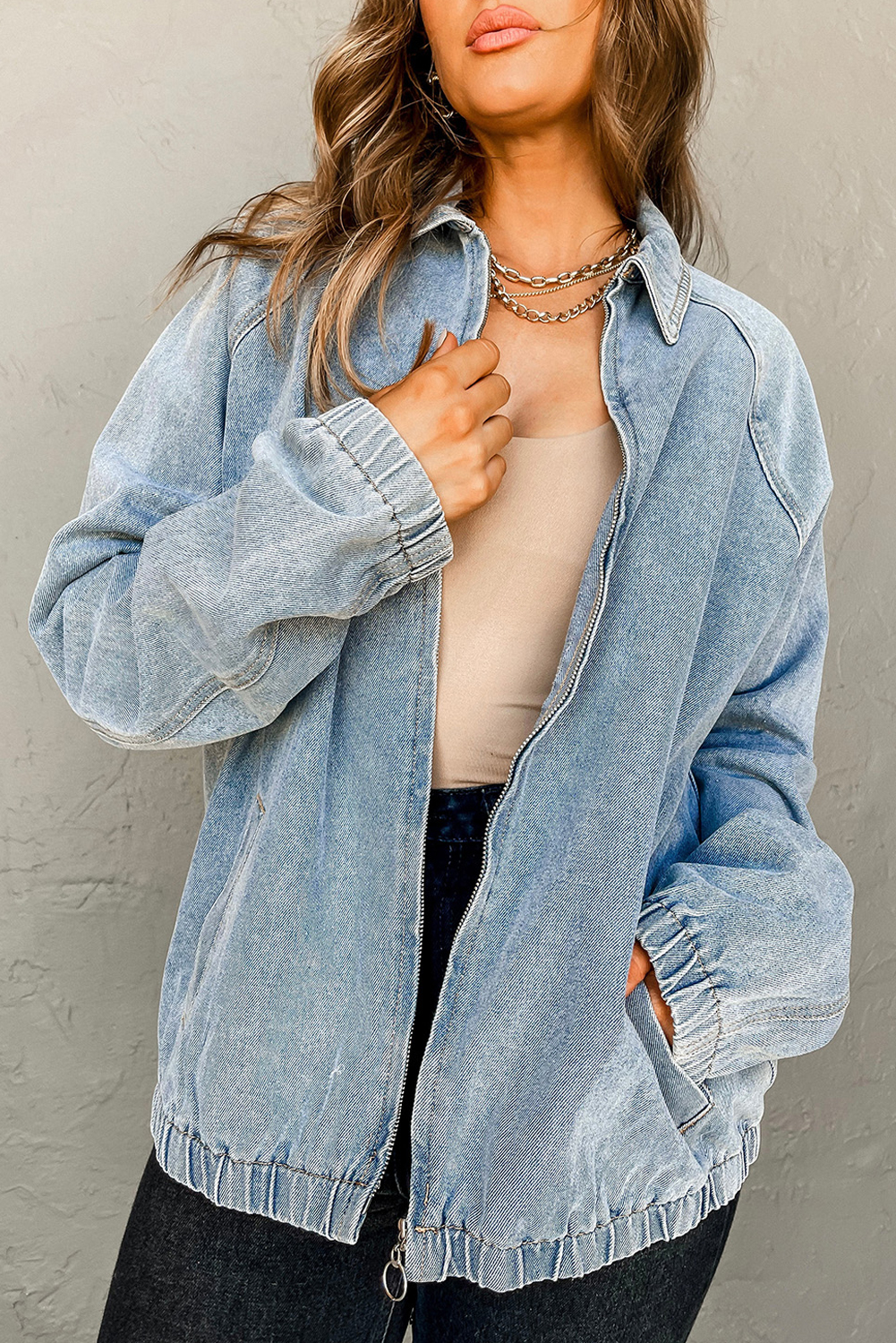 Myosotis Elastic Edge Collared Zip Up Denim Jacket With Pocket - loveforevers