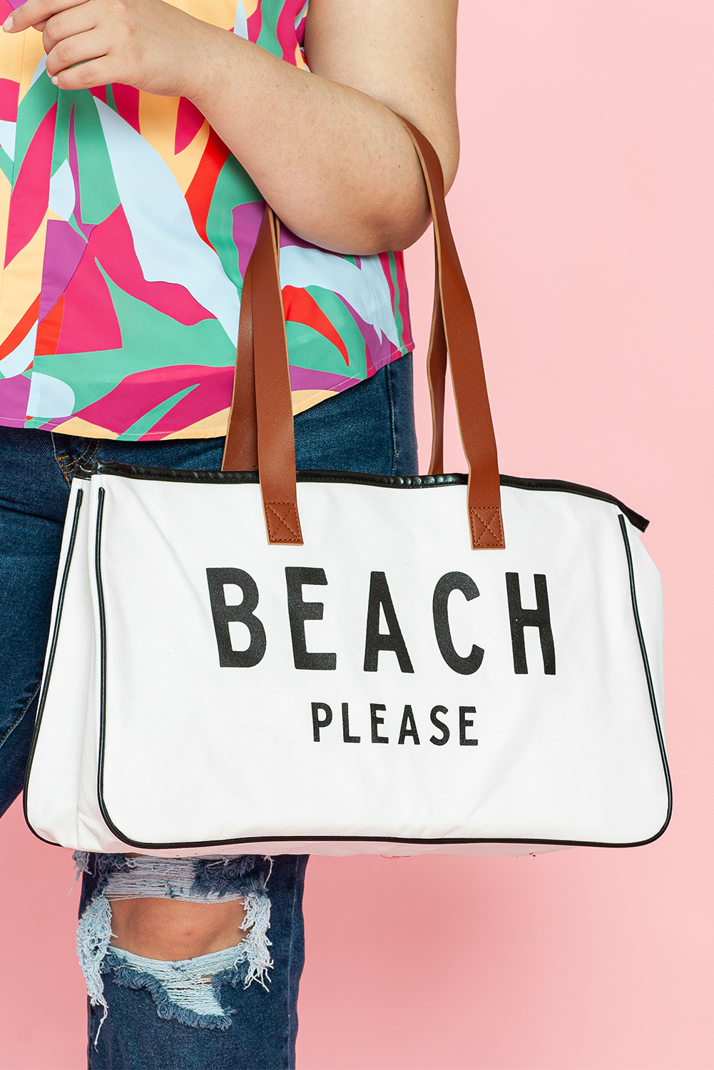 White BEACH PLEASE Print Large Canvas Tote Bag - loveforevers