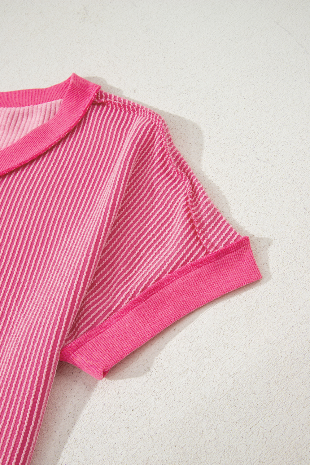 Rose Red Twisted Ribbed Knit V Neck Casual Tee - loveforevers