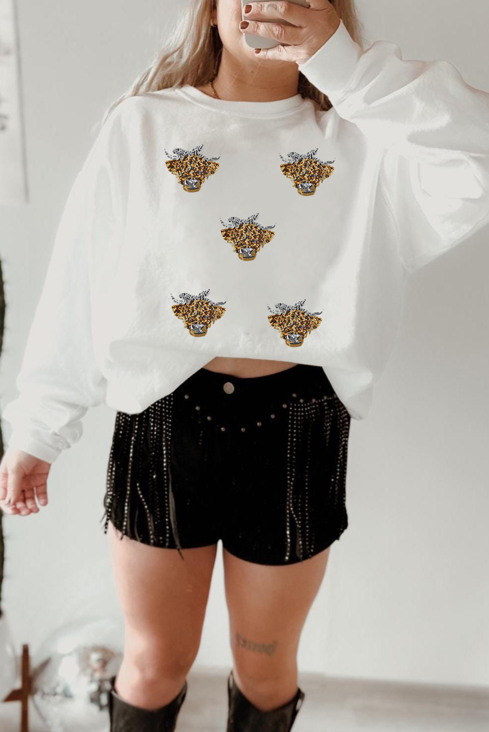 White Sequin Heifer Patched Drop Shoulder Sweatshirt - loveforevers