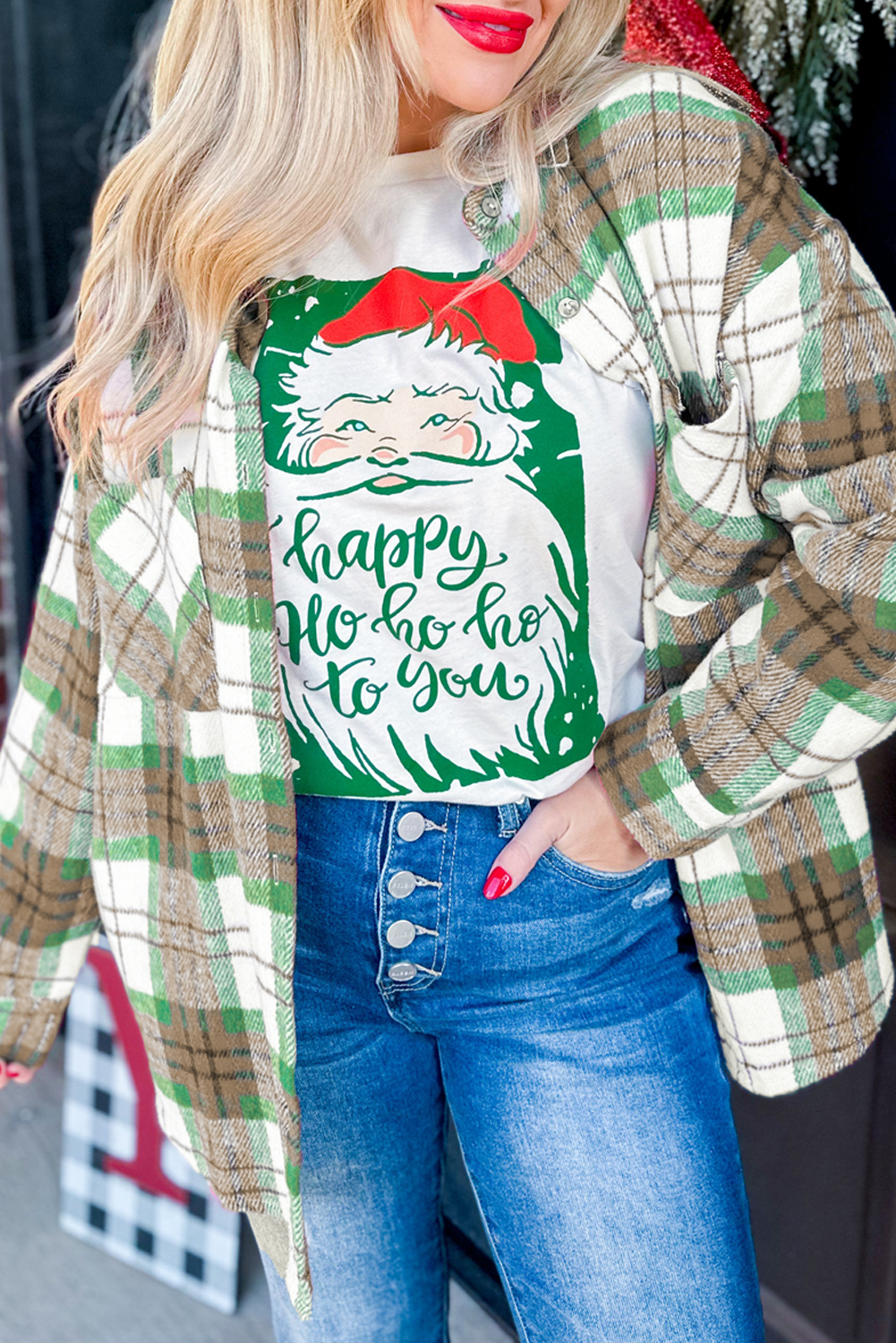 Red Christmas Plaid Casual Flannel Shacket - loveforevers