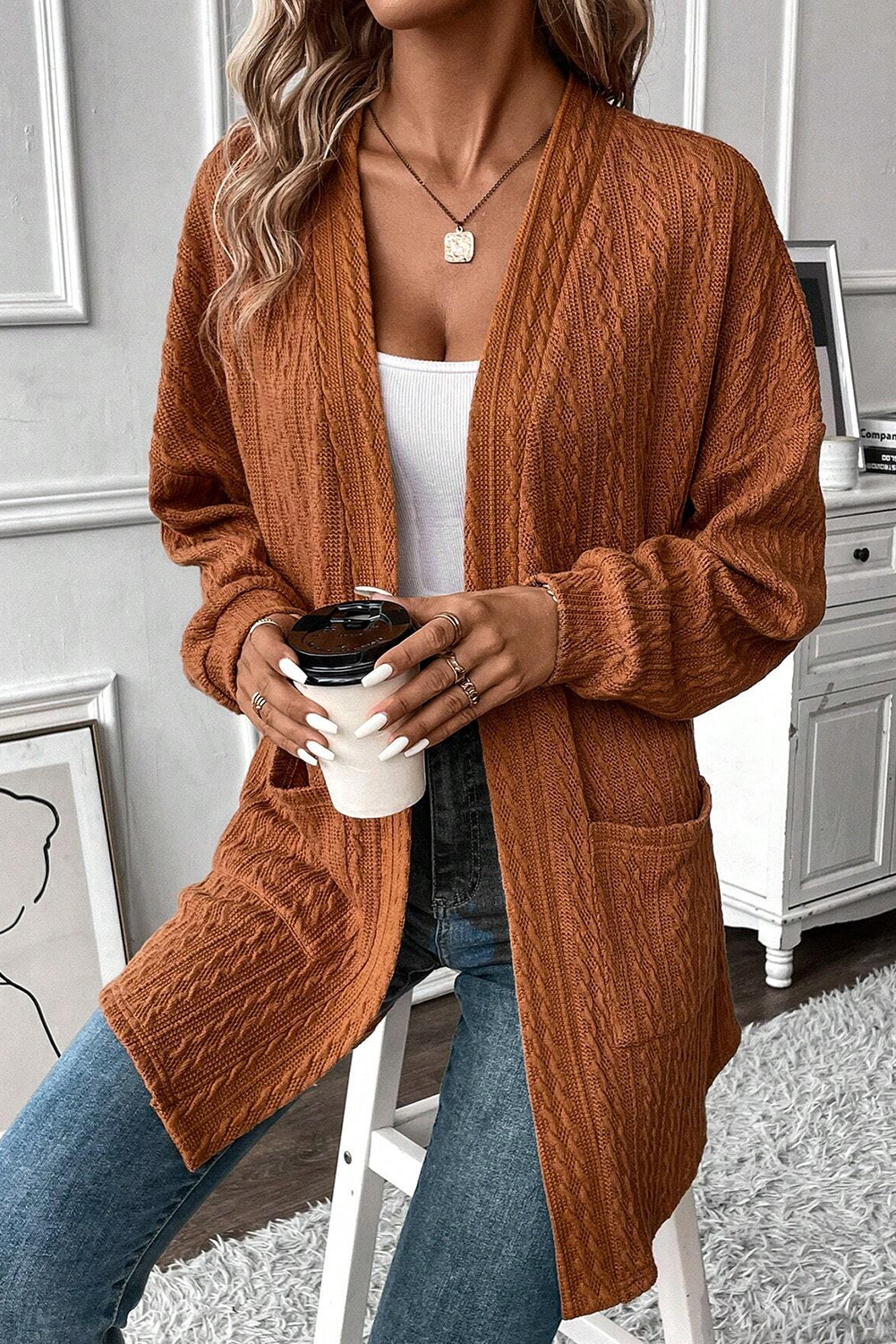 Chestnut Textured Knit Side Pockets Open Front Cardigan - loveforevers