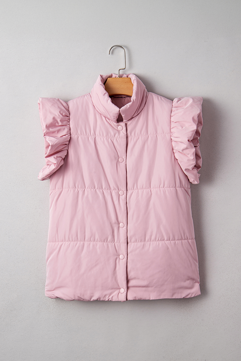 Pink Stand Neck Flutter Sleeve Snap Button Puffer Vest - loveforevers