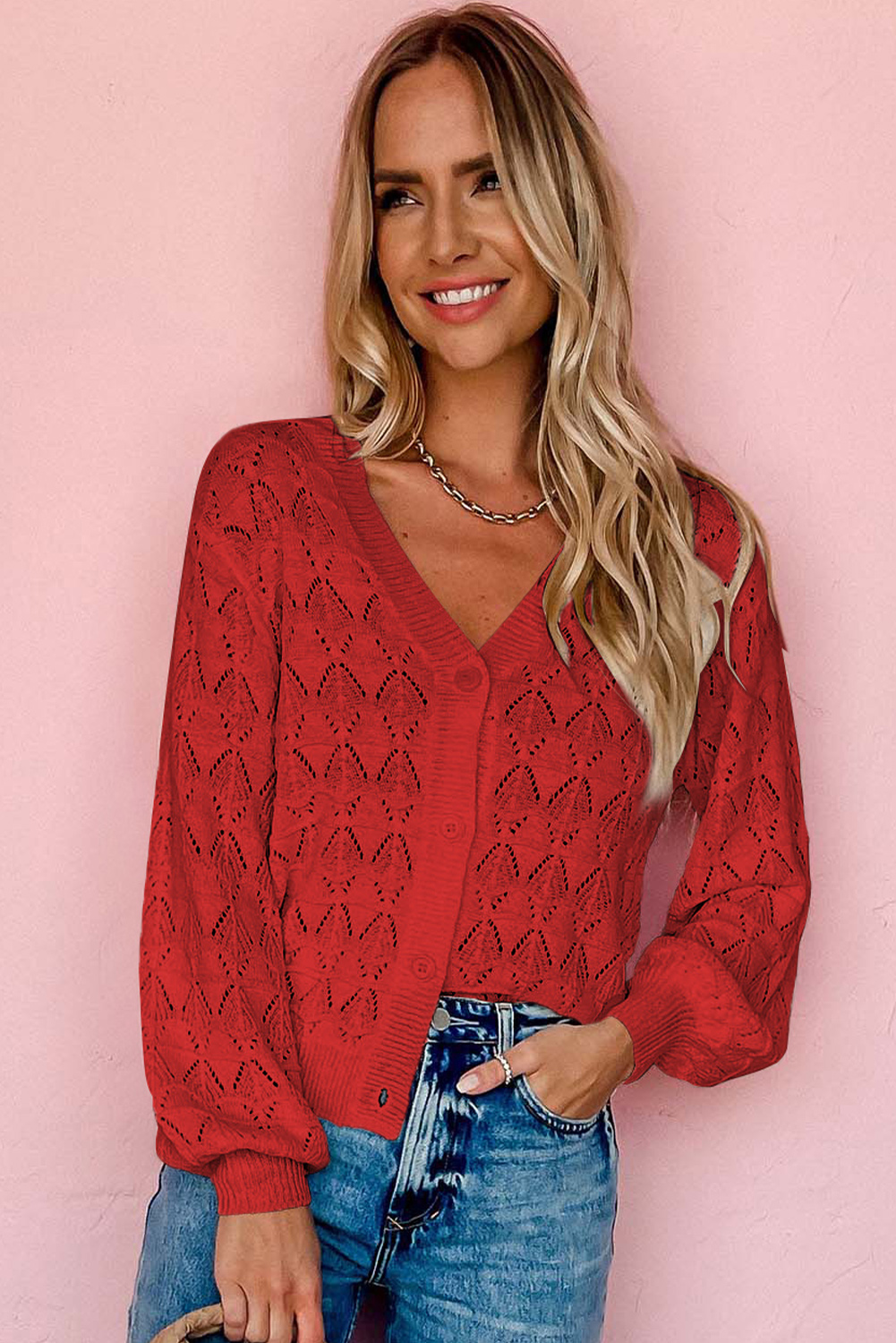 Fiery Red Lightweight Buttoned Front Crochet Cardigan - loveforevers