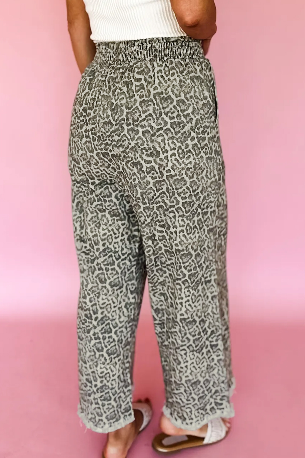 Brown Leopard Print Raw Hem Elastic Waist Loose Pull On Jeans - loveforevers