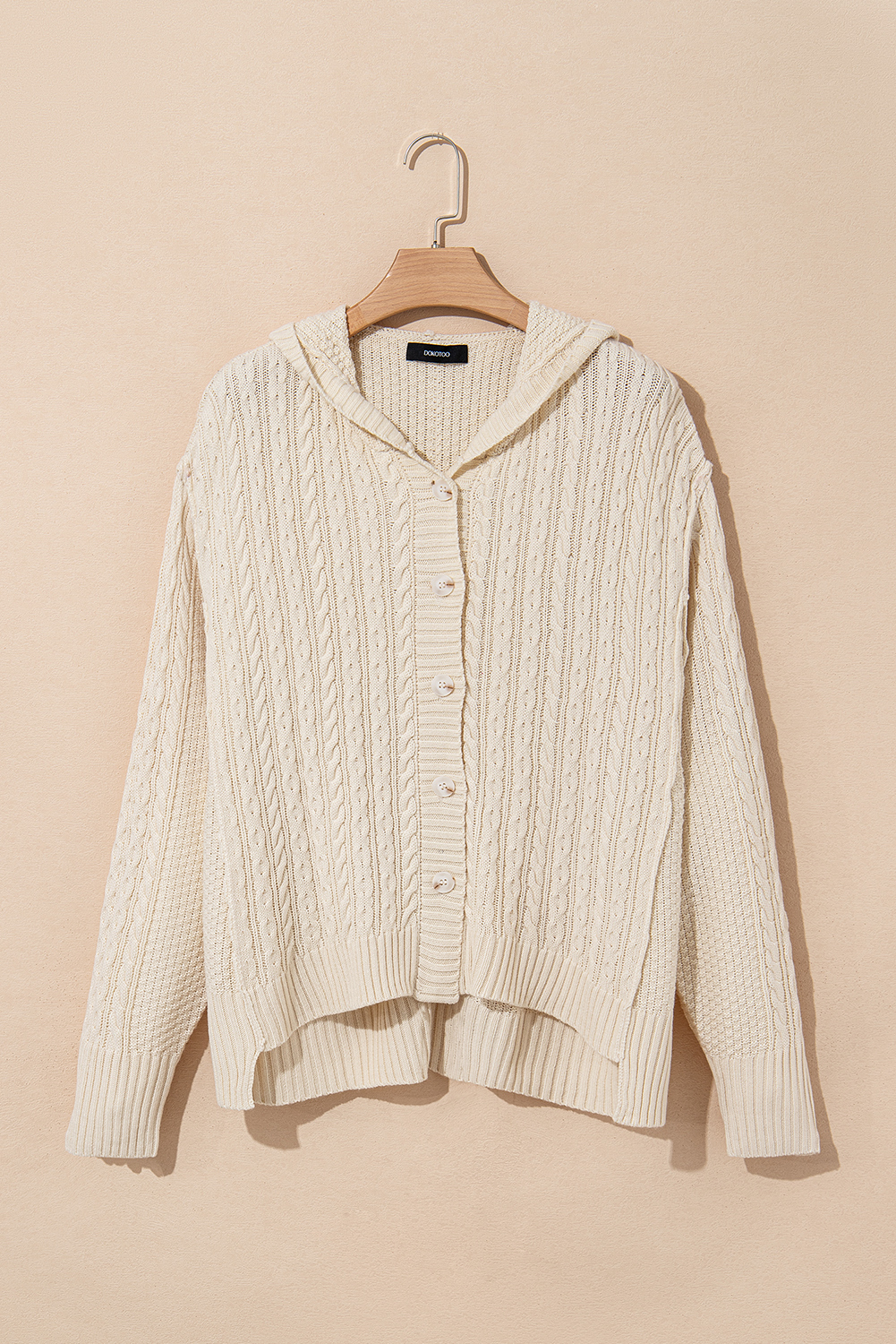 White Cable Knit Texture Uneven Hem Hooded Chic Cardigan - loveforevers