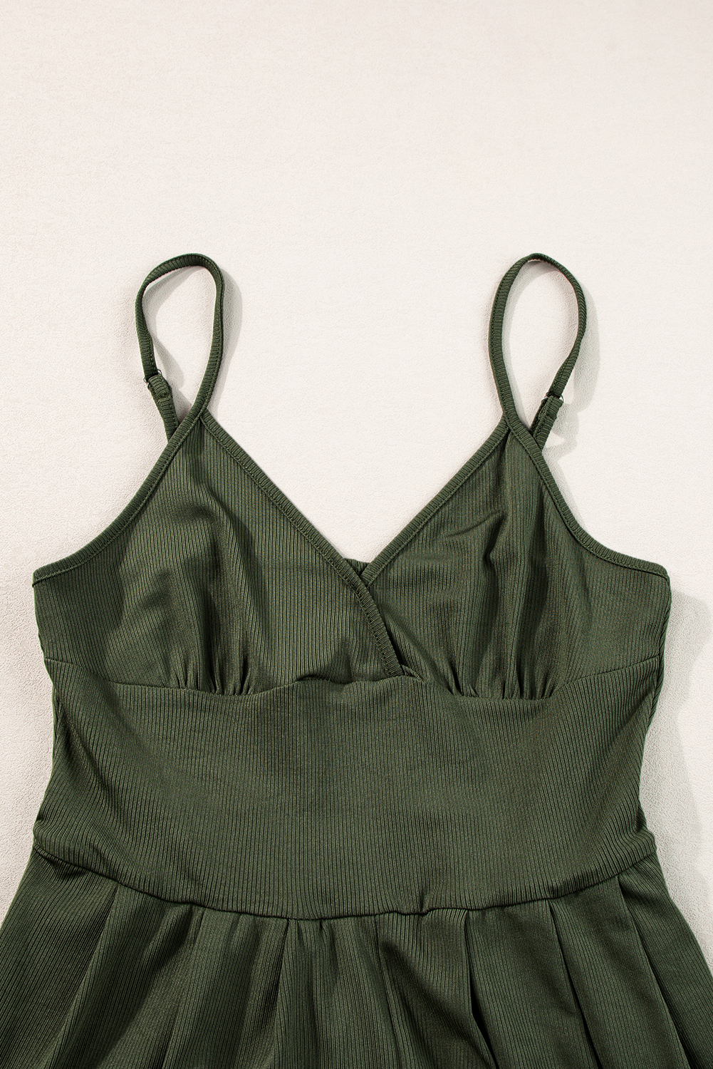 Moss Green Spaghetti Straps Cinched Waist Ribbed Romper - loveforevers