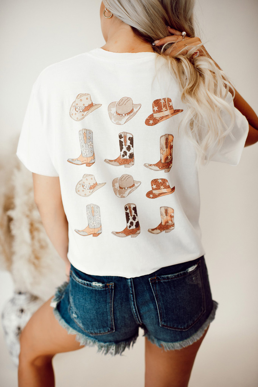 White Western Cowboy Boots Print Round Neck T Shirt - loveforevers