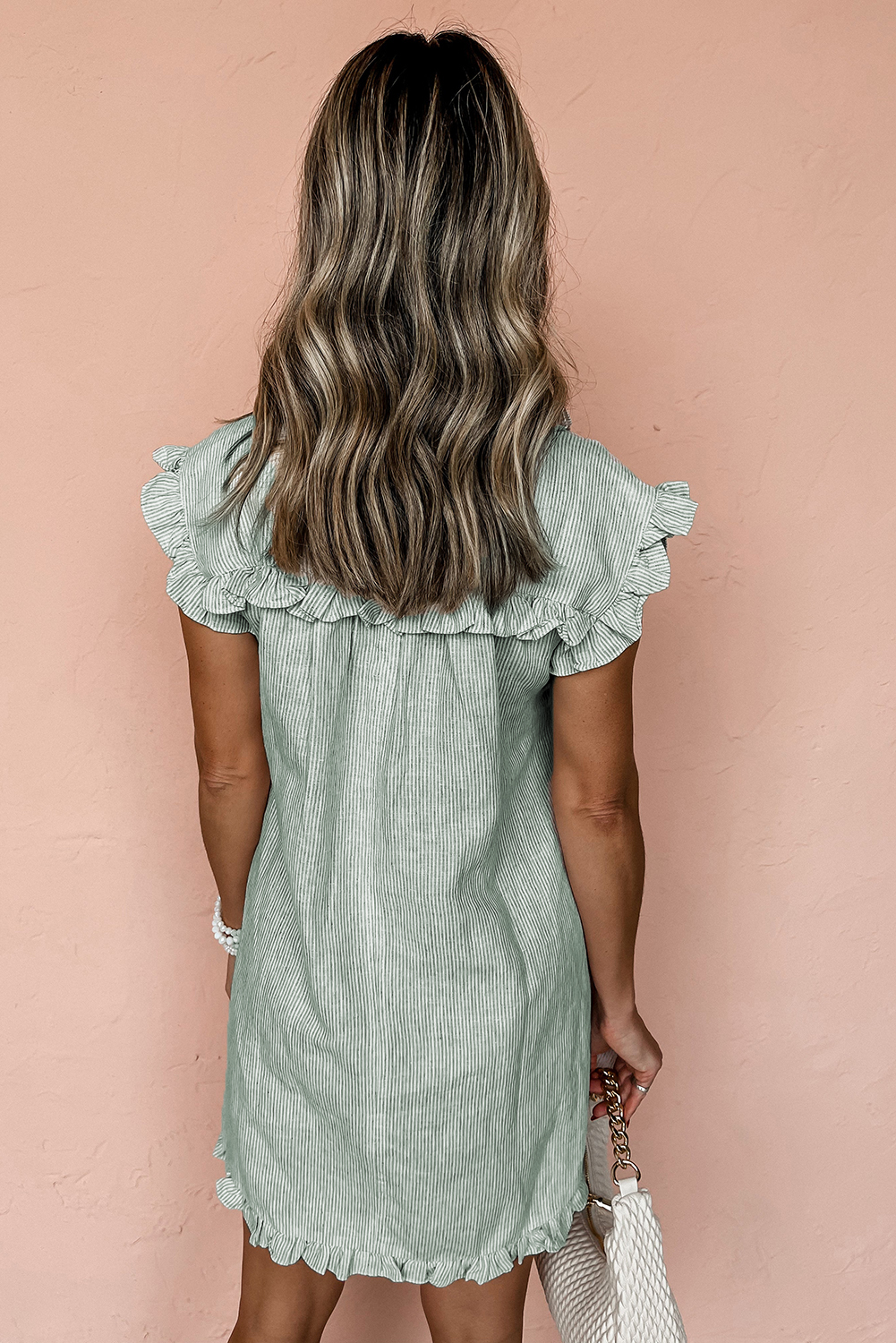 Green Stripe Frilled Sleeveless Collar Front Pocket Button Up Mini Dress - loveforevers