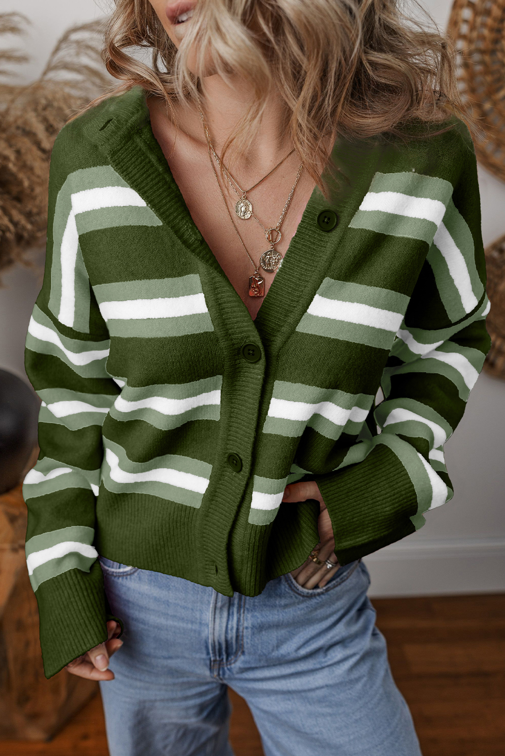 Green Stripe Drop Shoulder Buttons Cardigan Sweater - loveforevers