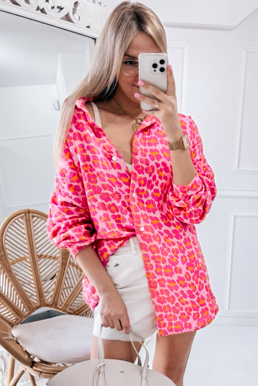 Rose Leopard Printed Button Up Loose Shirt - loveforevers