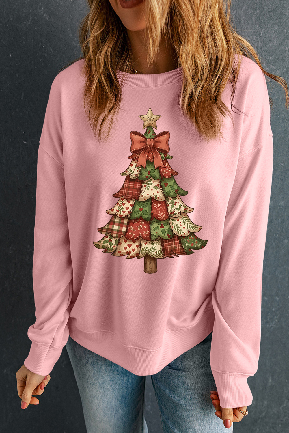 Pink Christmas Tree Graphic Womens Baggy Sweatshirt - loveforevers