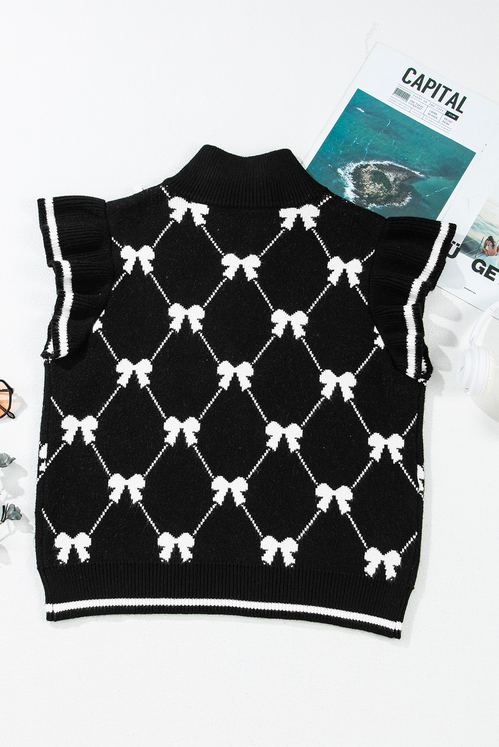Black Preppy Vibes Bow Print Zipped Collar Sweater Tee - loveforevers