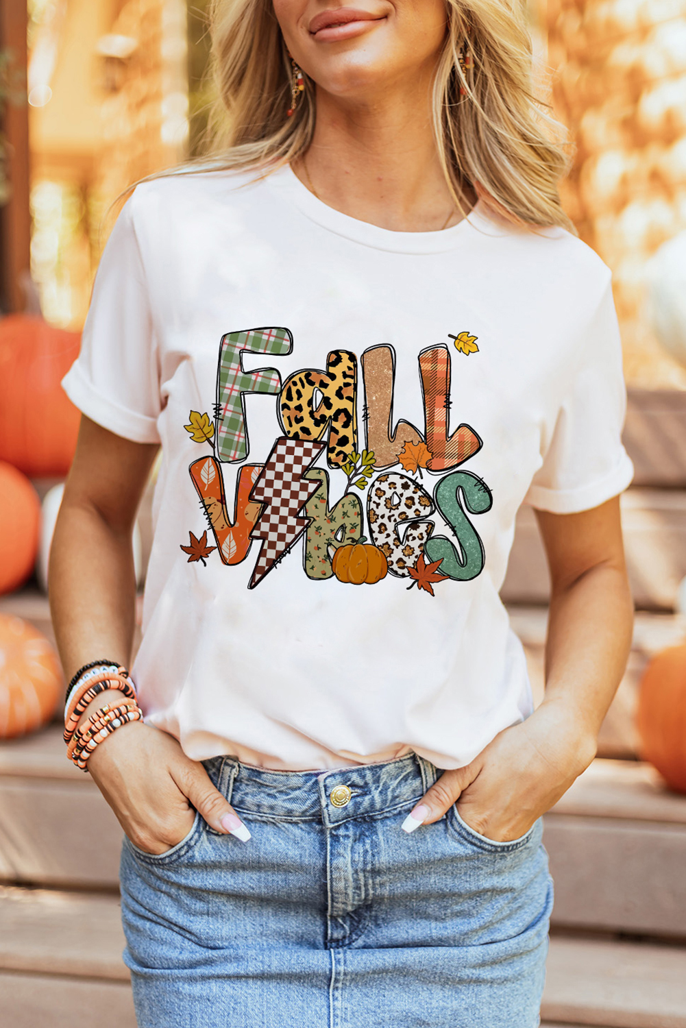 White FALL VIBES Cotton Blend Casual T Shirt - loveforevers