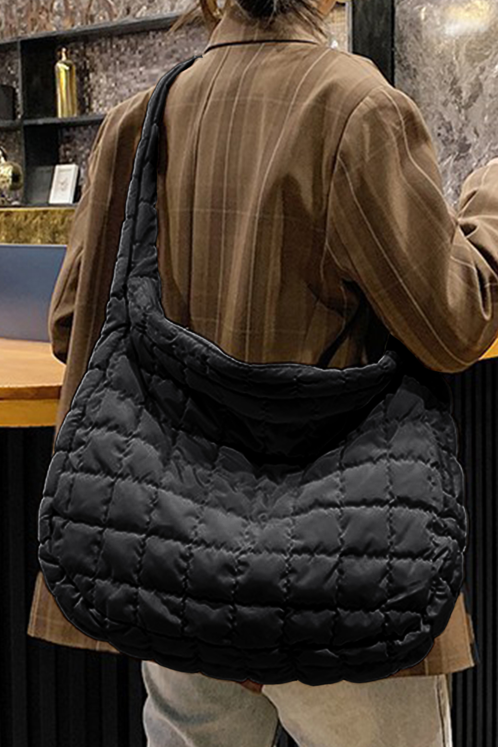 Black Quilted Zipper Large Shoulder Bag - loveforevers