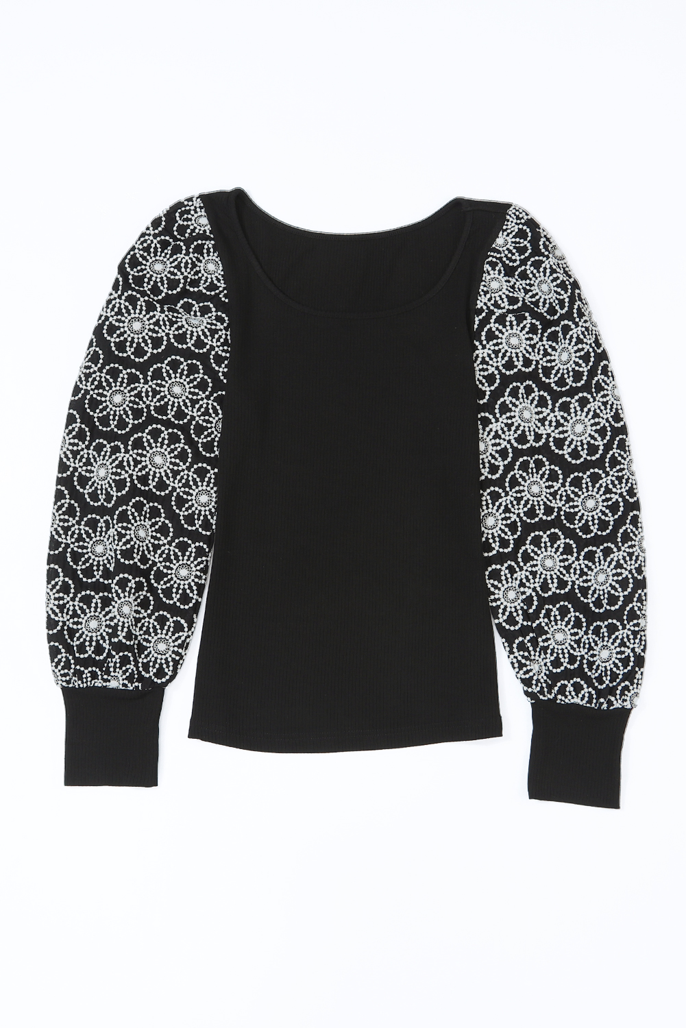 Black Flower Puff Sleeve Ribbed Knit Top - loveforevers