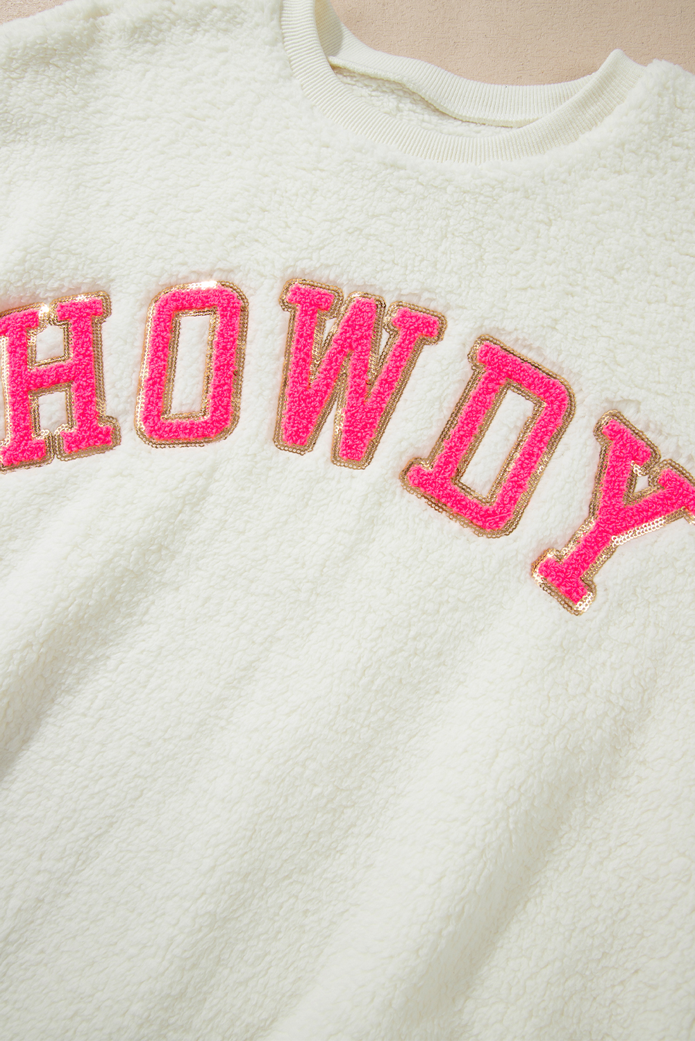 Beige Sherpa HOWDY Patched Pullover Sweatshirt - loveforevers