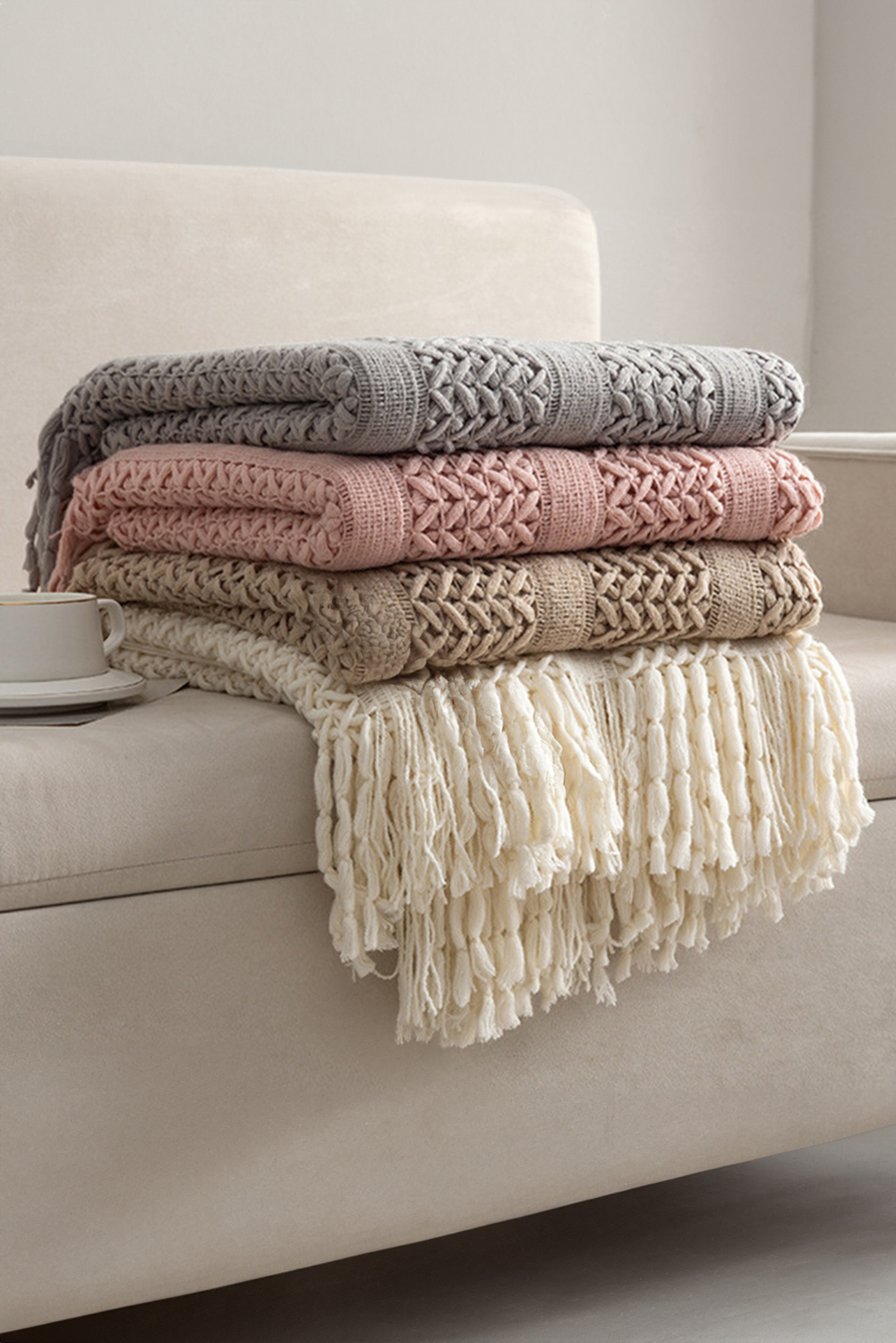 Dusty Pink Fashion Texture Design Tassel Trim Blanket - loveforevers