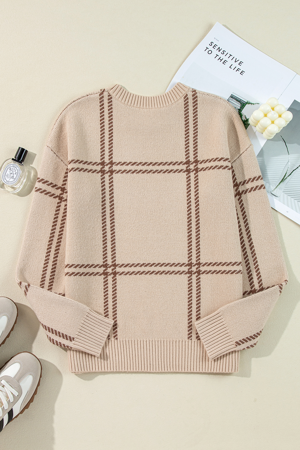 Khaki Plaid Pattern Knitted Drop Shoulder Sweater - loveforevers