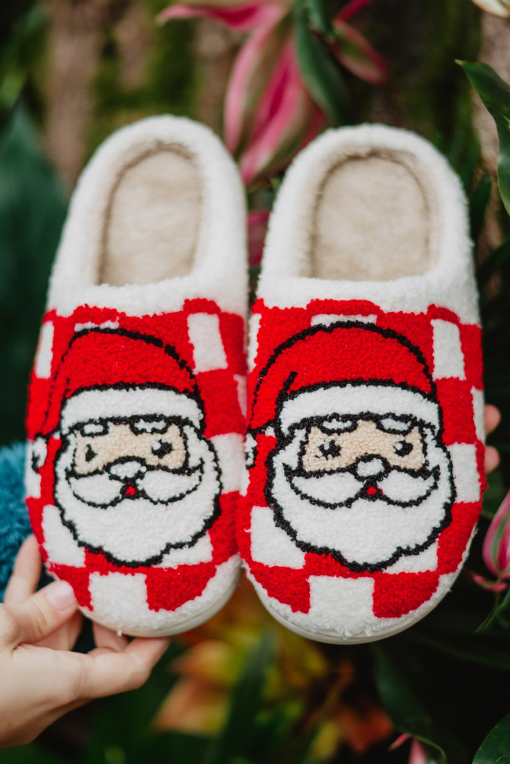 Fiery Red Checkered Santa Claus Graphic Plush Home Slippers - loveforevers