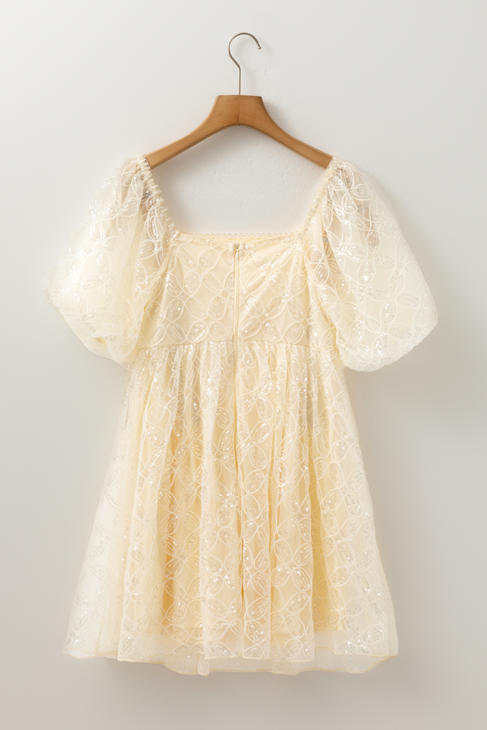 Apricot Sequined Lace Mesh Bubble Sleeve Square Neck Dress - loveforevers