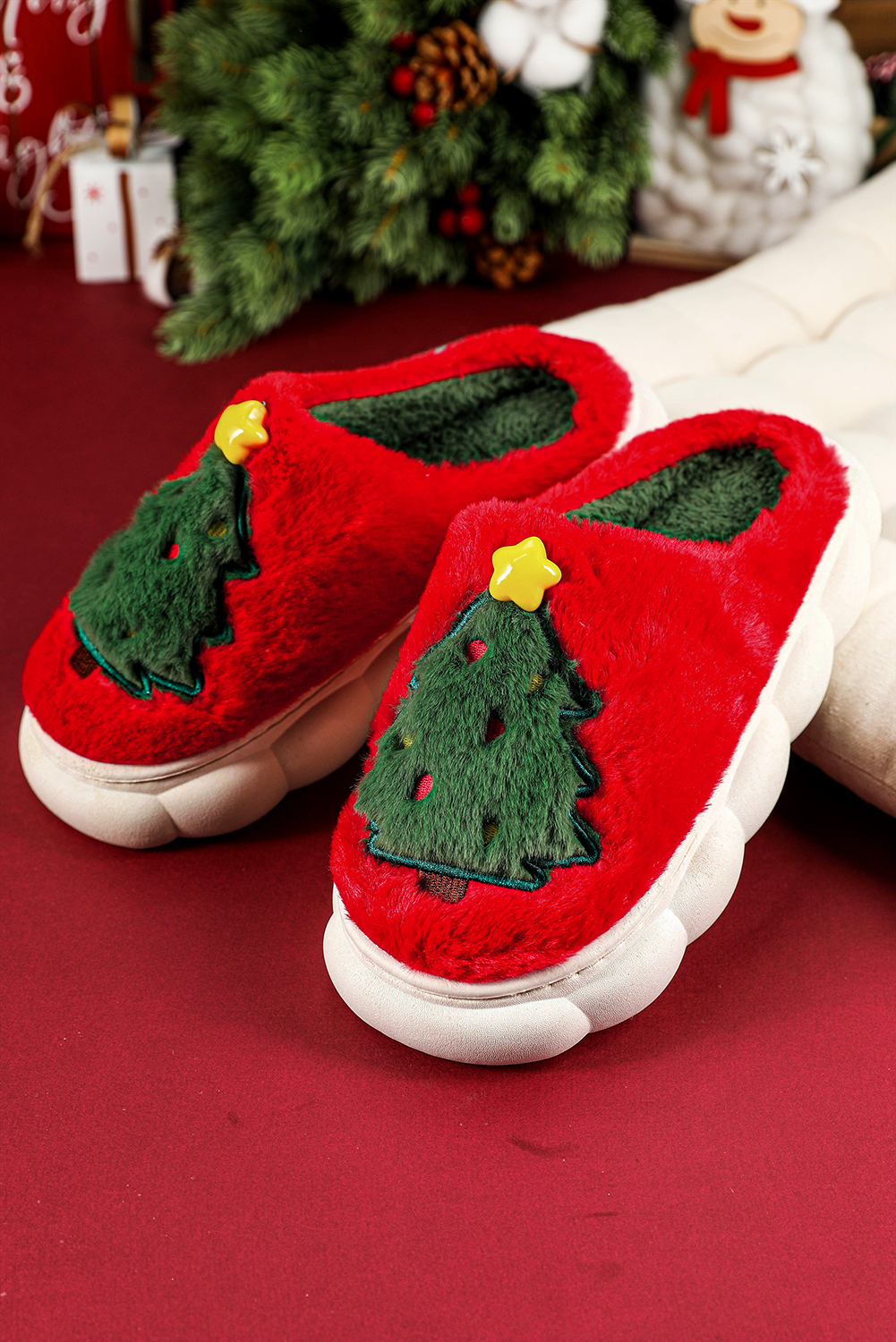 Fiery Red Christmas Tree Graphic Thick Sole Plush Slippers - loveforevers