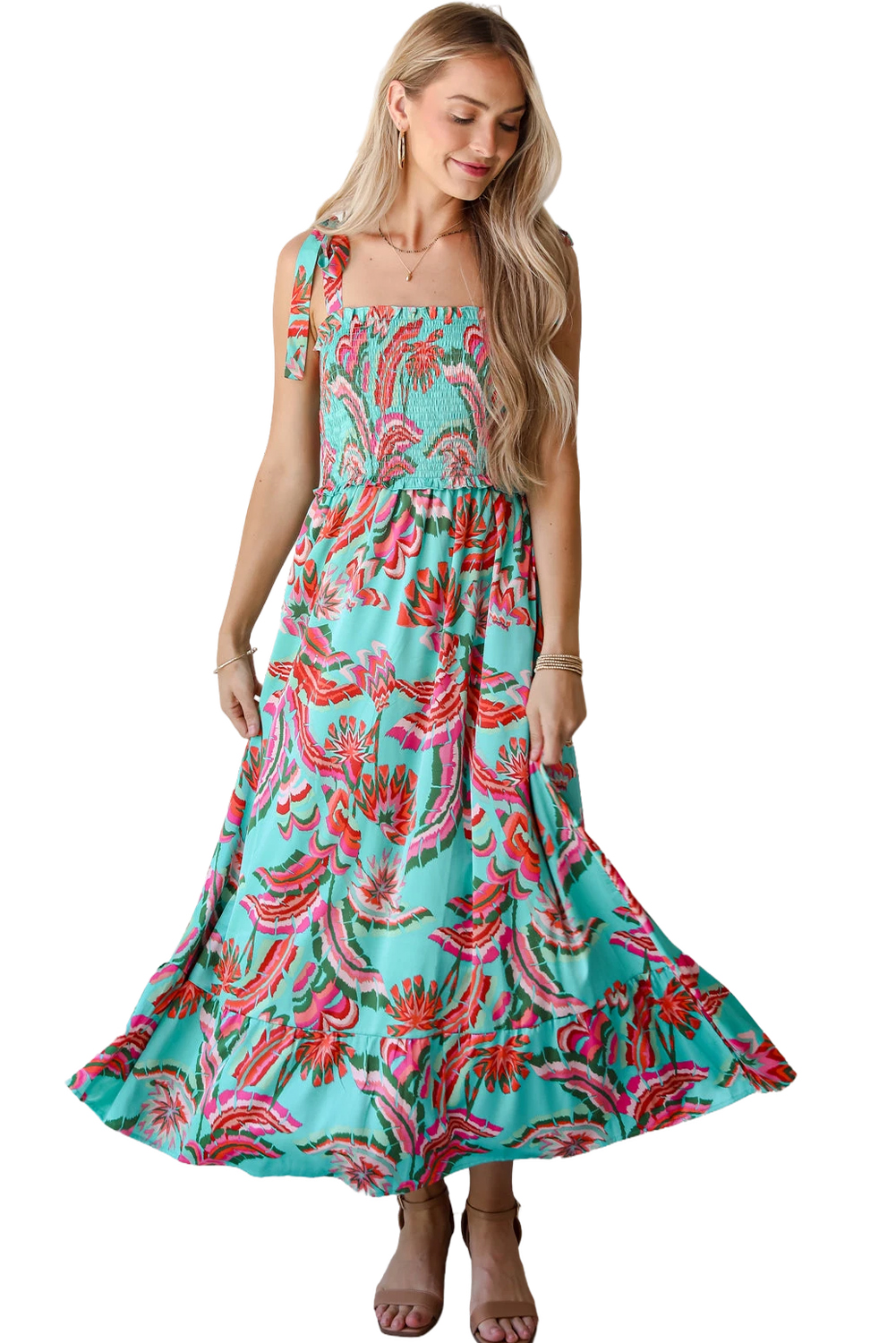 Green Abstract Print Smocked Bodice Knotted Straps Ruffled Maxi Dress - loveforevers