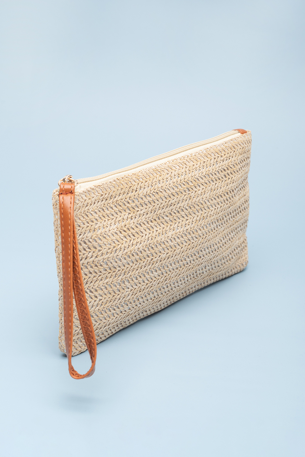 Oatmeal Straw Woven Wrist Strap Zipper Large Wallet - loveforevers