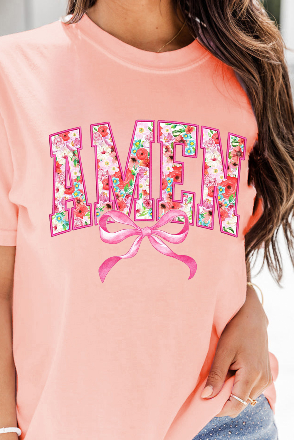 Pink Floral AMEN Bow Graphic Crewneck T Shirt - loveforevers