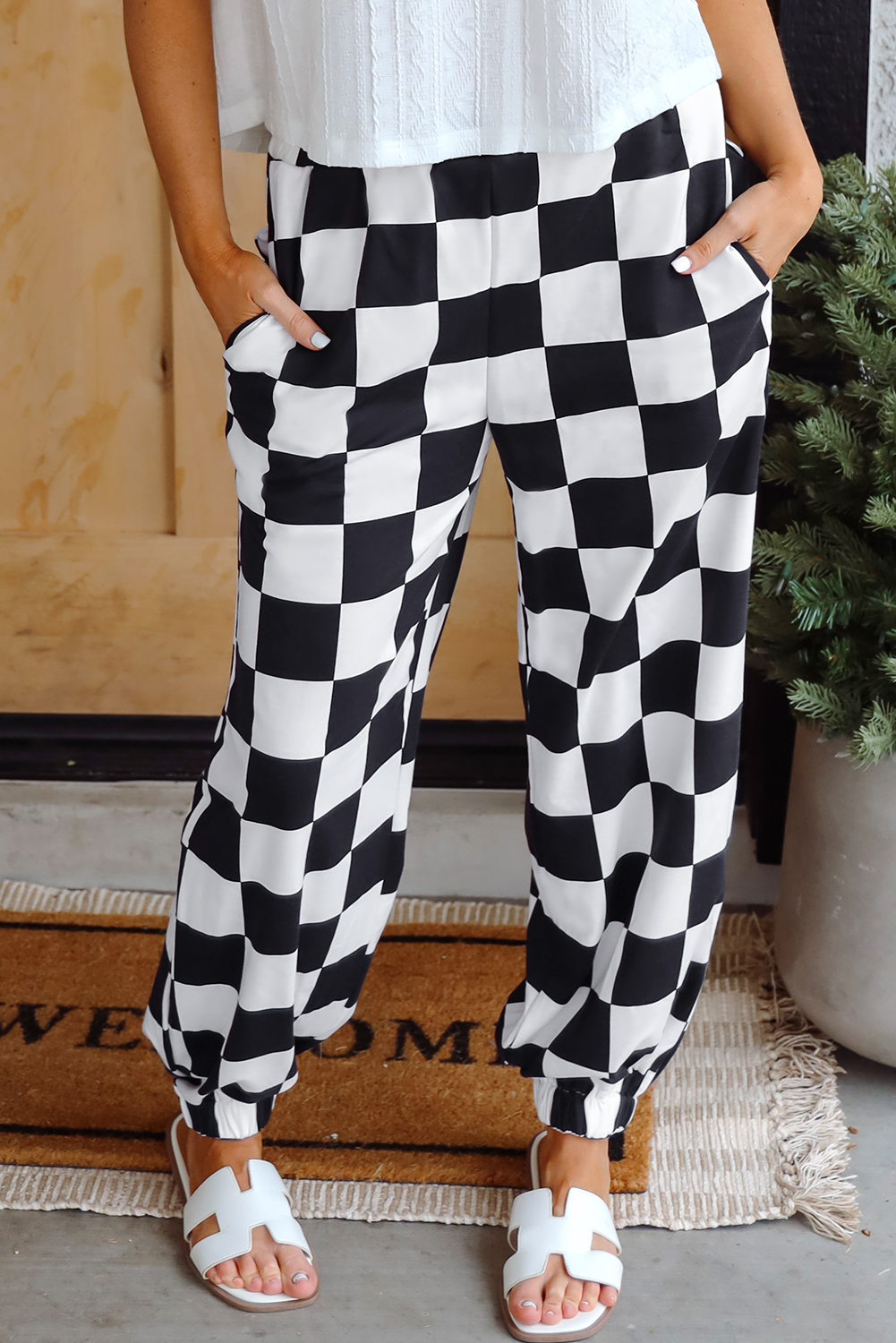 Black 2-Tone Checked Print High Waist Wide Leg Pants - loveforevers