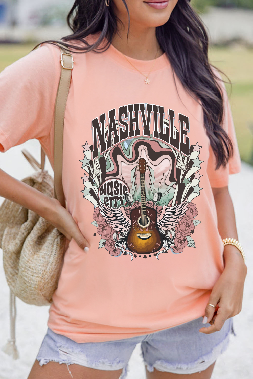 Pink NASHVILLE MUSIC CITY Guitar Graphic T Shirt - loveforevers