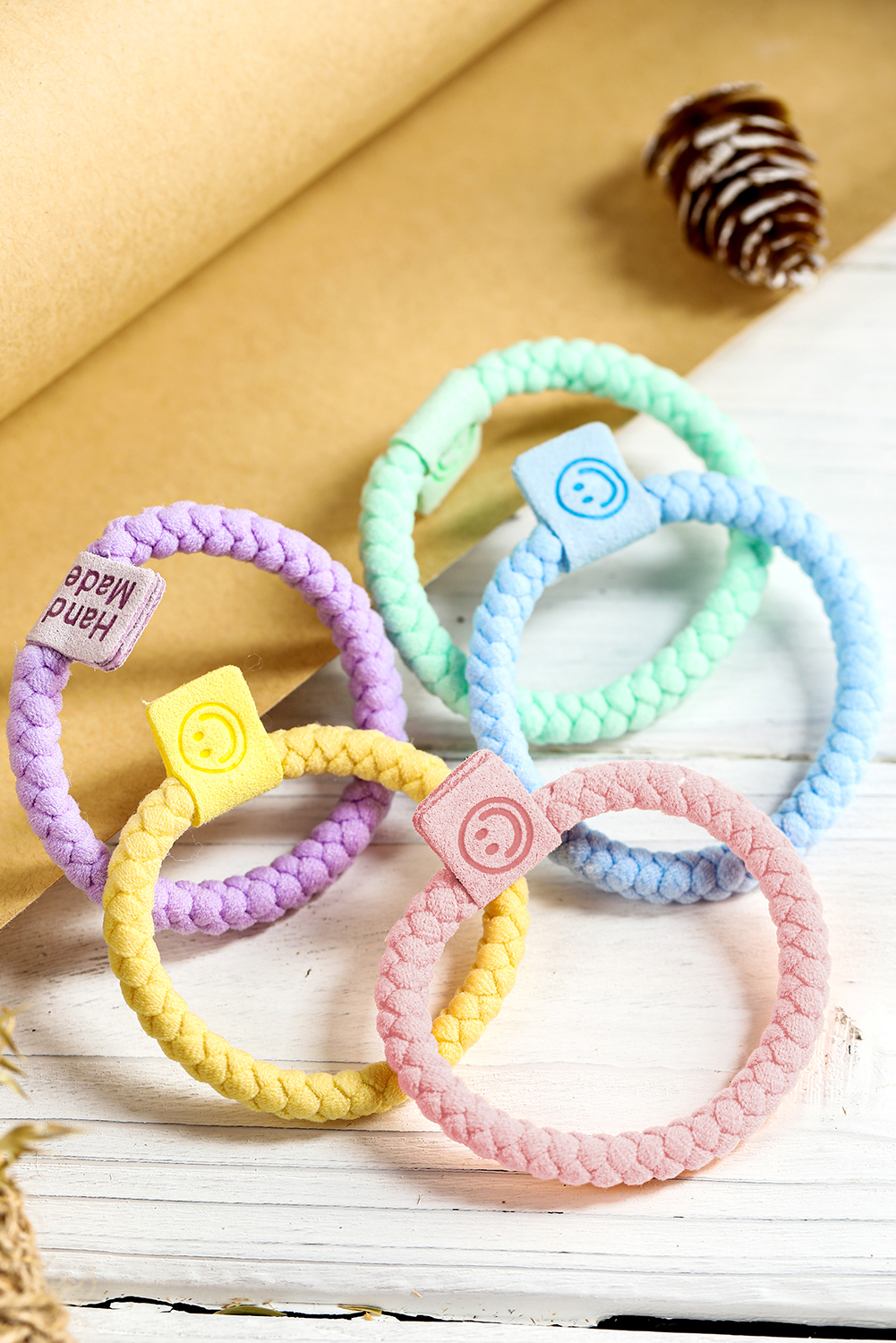 Pink 5Pcs Smile Face Tab Braided Hair Tie Set - loveforevers