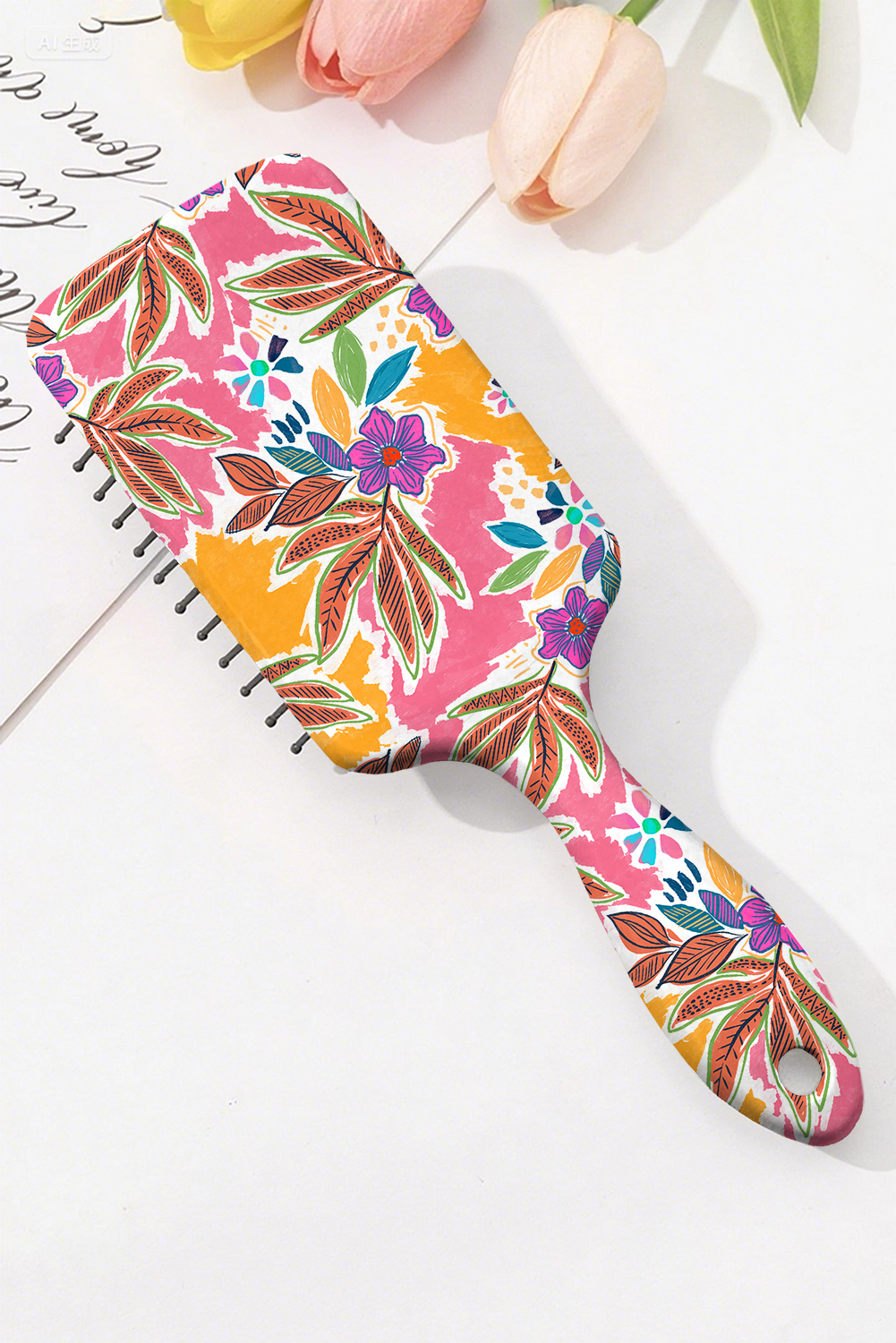 Rose Red Boho Vacation Floral Print Large Cushion Paddle Comb - loveforevers