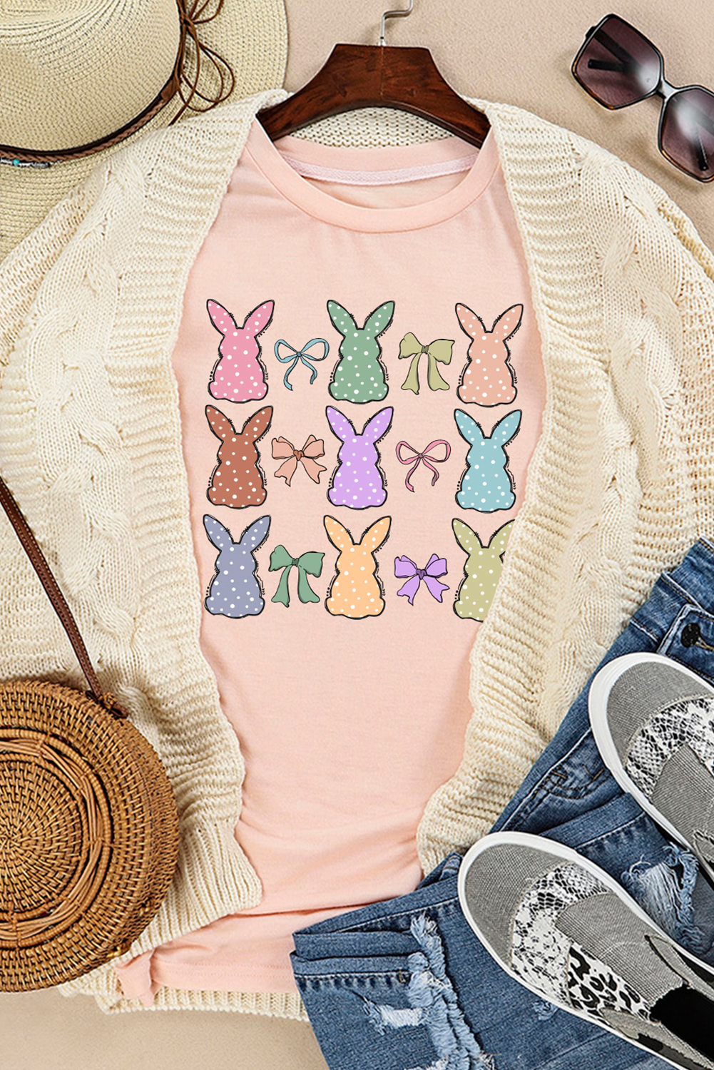 Pink Dotty Bunny Bow Printed Easter Day Fashion T Shirt - loveforevers