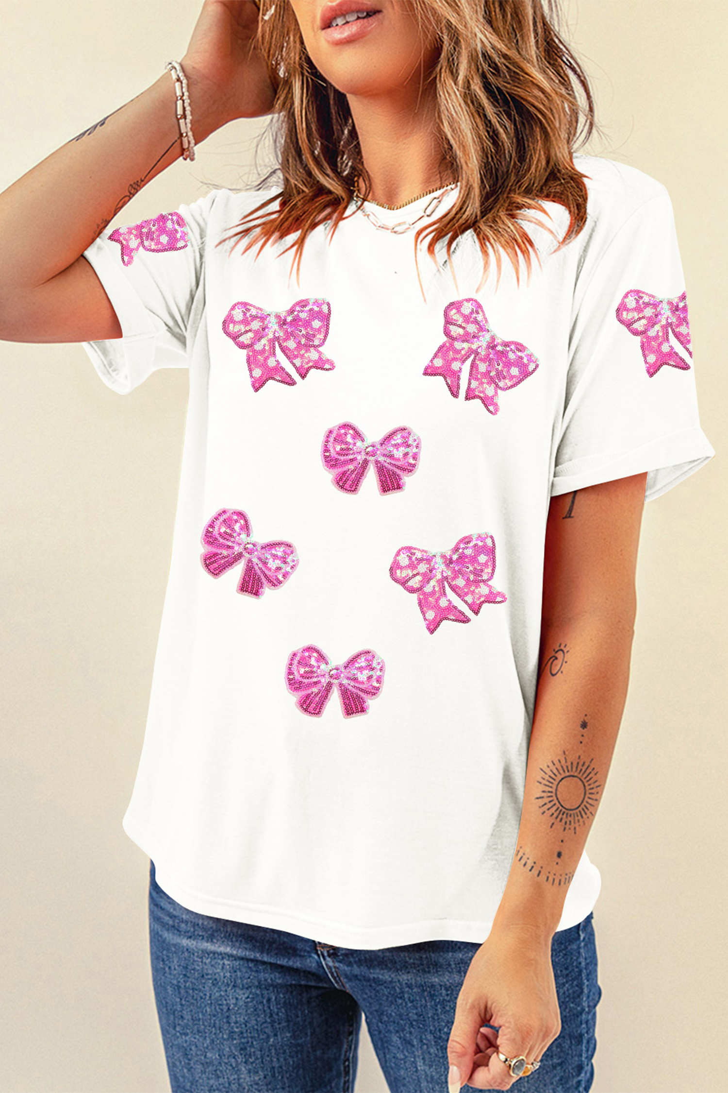 White Shimmering Bow Patched Pattern Valentine T Shirt - loveforevers