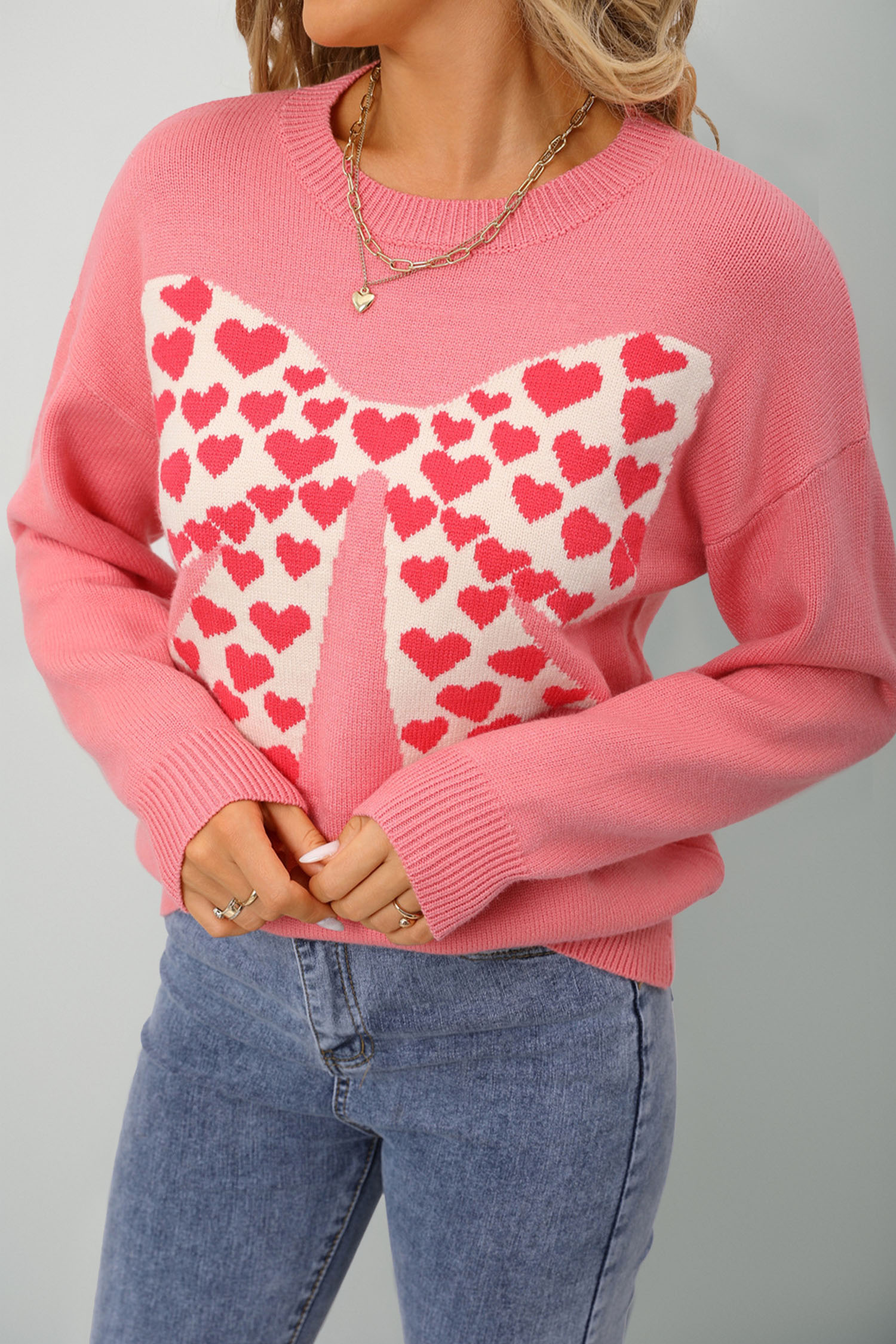White Heart Bow Graphic Valentine Sweater - loveforevers