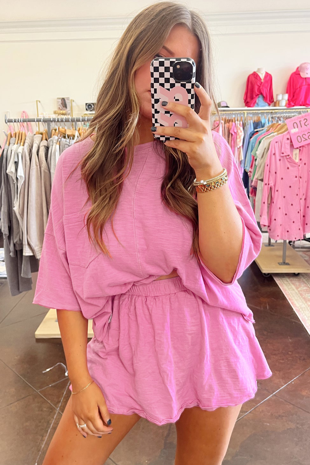 Sachet Pink Loose Fit Half Sleeve T Shirt and High Waist Skirt Set - loveforevers