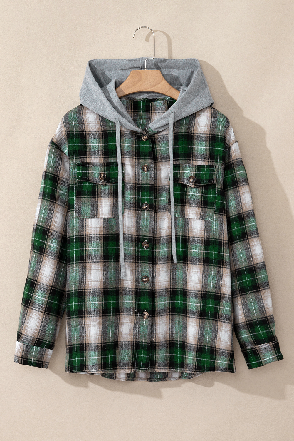 Red Plaid Print Chest Pocket Buttoned Hooded Shacket - loveforevers