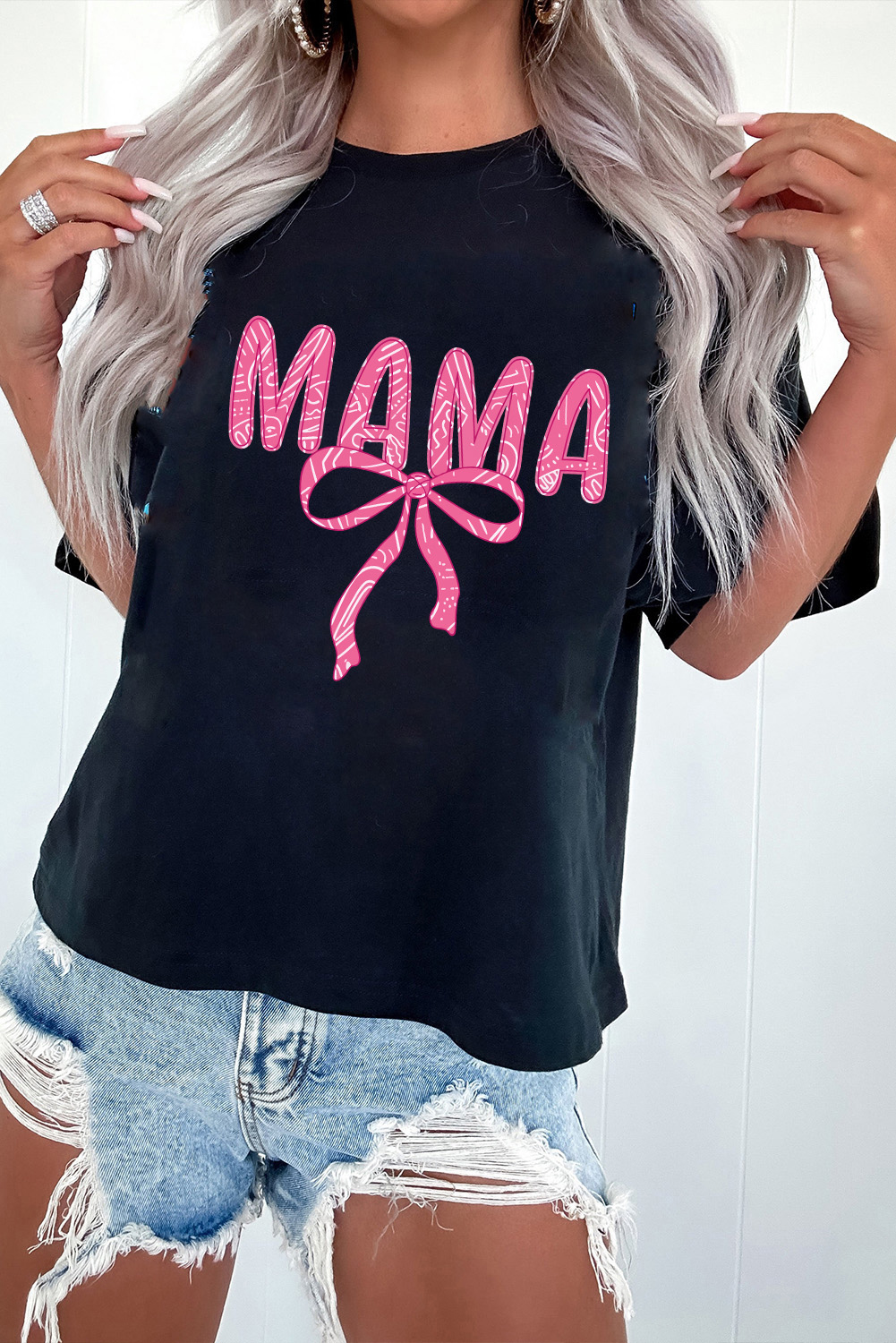 Black MAMA Ribbon Bowknot Graphic Crewneck T Shirt - loveforevers