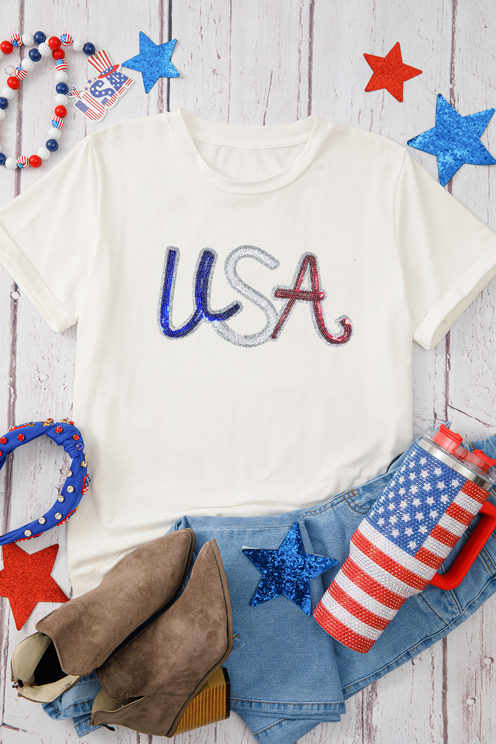 White Sequin USA Graphic Crew Neck Patriotic Tee - loveforevers