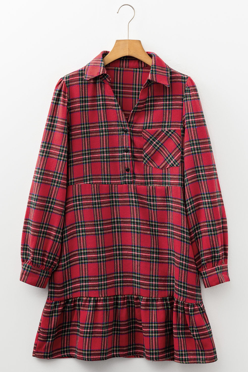 Red Plaid Shirt Collar Half Button Ruffle Hem Long Sleeve Mini Dress - loveforevers