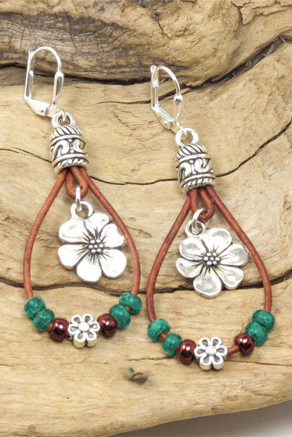 Silvery Western Leather Beaded Floral Dangle Earrings - loveforevers