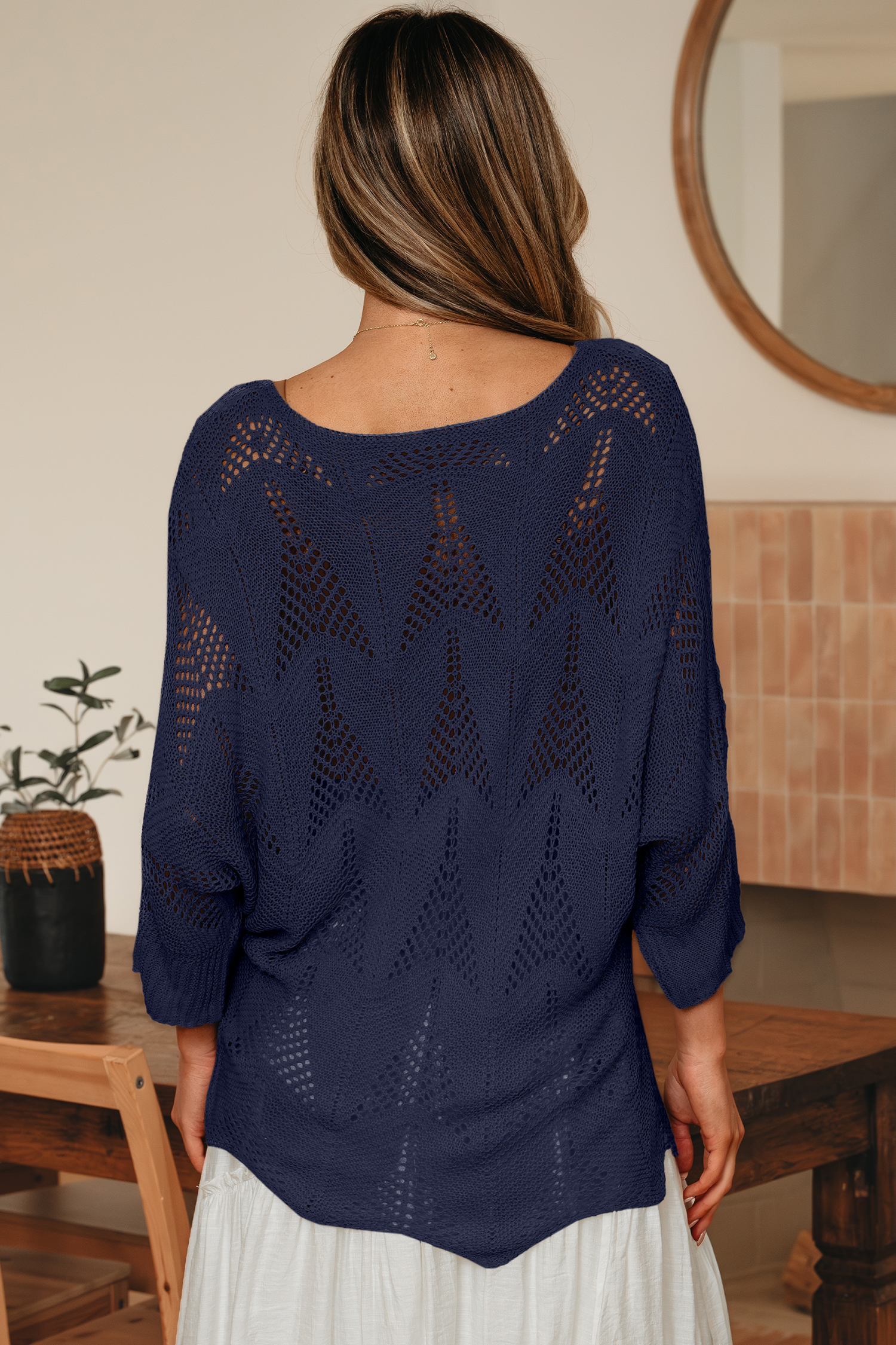 Navy Blue Hollow Out Knit 7/8 Sleeve Casual Sweater - loveforevers