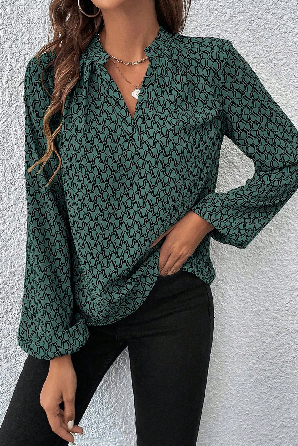 Green Geometric Print Notched Neck Puff Sleeve Blouse - loveforevers