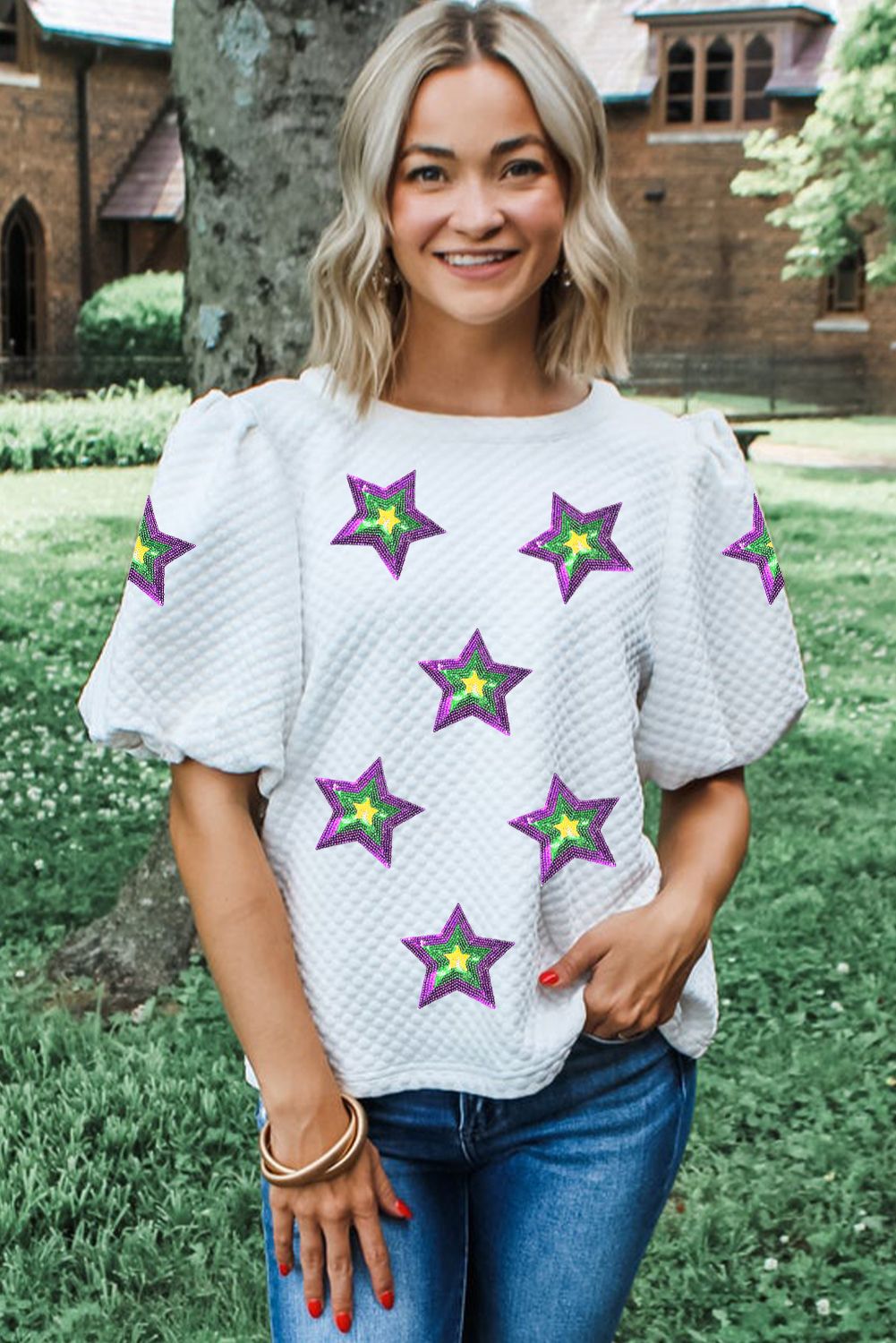 White Textured Sequin Mardi Gras Star Graphic Puff Sleeve Blouse - loveforevers